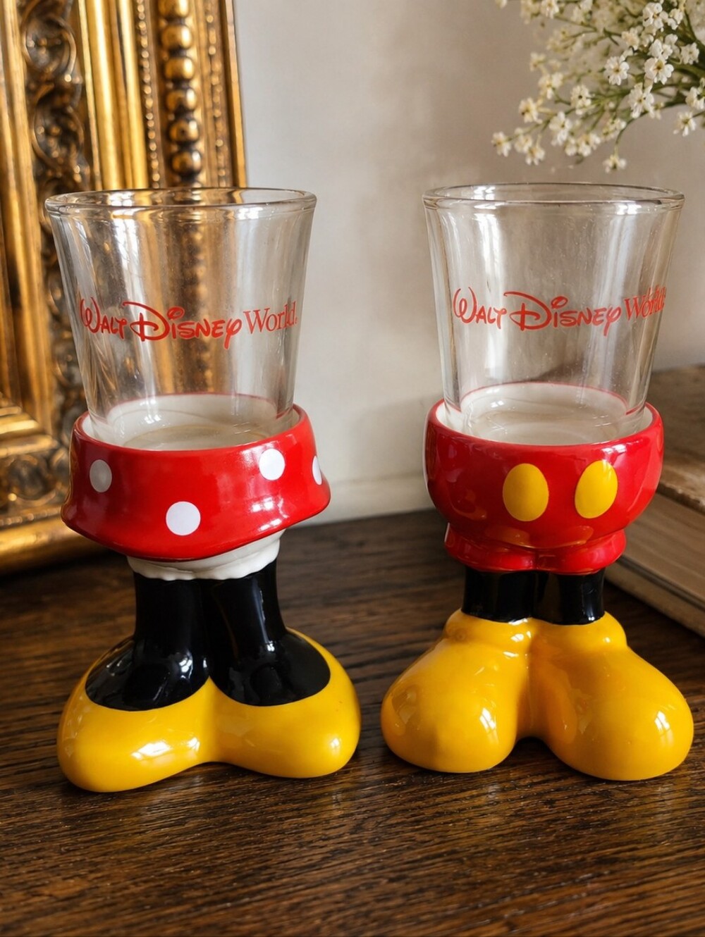 Walt Disney World Mickey & Minnie Shot Glasses with Ceramic Holders – Set of 2